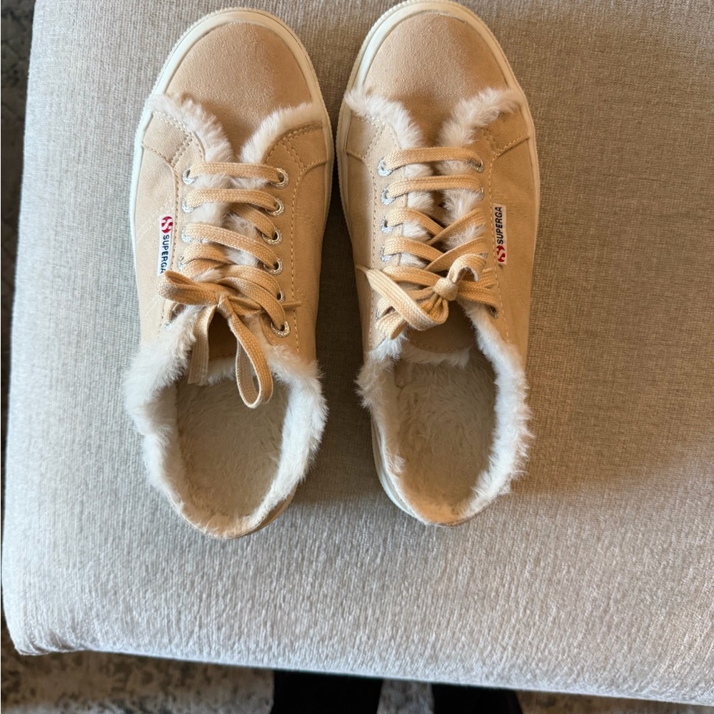 Superga Women's Beige Fur-Trimmed Sneakers